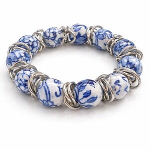 Blue White Porcelain Ceramic Bead Stretch Bracelet Silver Tone Chinoiserie Style